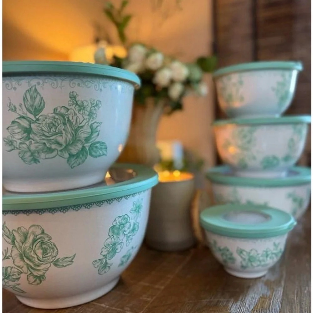 Pioneer Woman Agatha 12-Piece Bamboo Melamine Nesting Mixing Bowl Set, Green